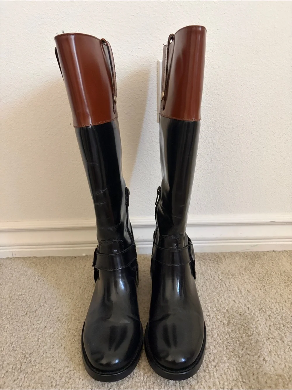 Steve Madden Equestrian Riding Boot Black Brown Leather Knee High Size 7